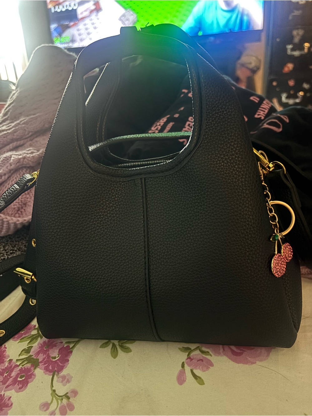 Women’s Black Pebbled Tote Bag with Gold Hardware